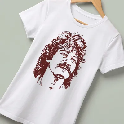 Retro vintage portrait of Jhon Prine with a mustache in brown and white — printed on a women's shirt