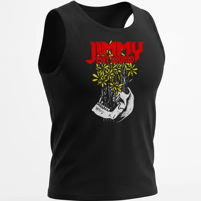 Bold graphic t-shirt featuring Jimmy Eat World text with floral design and sneaker — printed on a tank top