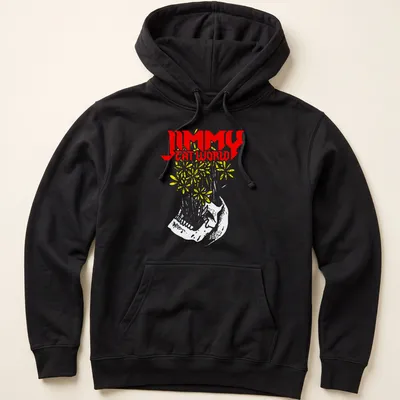 Bold graphic t-shirt featuring Jimmy Eat World text with floral design and sneaker — printed on a unisex hoodie