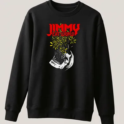 Bold graphic t-shirt featuring Jimmy Eat World text with floral design and sneaker — printed on a unisex sweatshirt