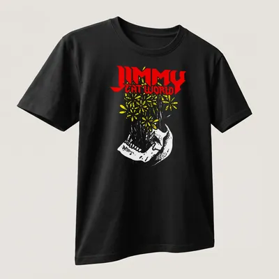 Bold graphic t-shirt featuring Jimmy Eat World text with floral design and sneaker — printed on a unisex t-shirt (angled view)