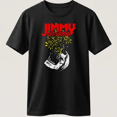 Bold graphic t-shirt featuring Jimmy Eat World text with floral design and sneaker — printed on a unisex t-shirt
