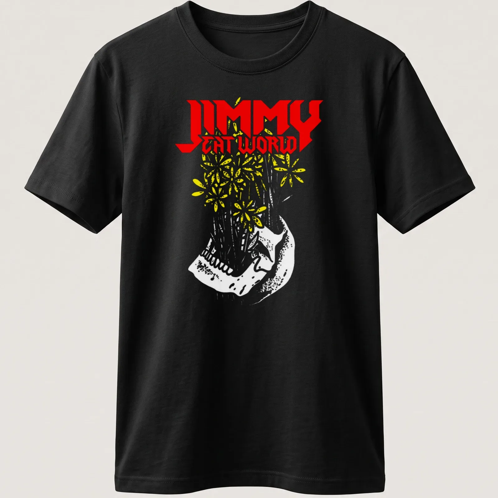 Bold graphic t-shirt featuring Jimmy Eat World text with floral design and sneaker — printed on a unisex t-shirt