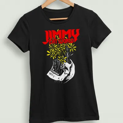 Bold graphic t-shirt featuring Jimmy Eat World text with floral design and sneaker — printed on a women's shirt