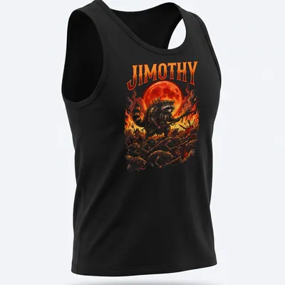 Comic-style print of a raccoon named Jimothy leading an army of rats in red, orange, black, and white. — printed on a tank top
