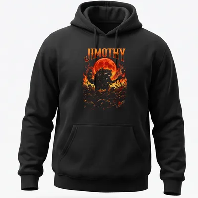 Comic-style print of a raccoon named Jimothy leading an army of rats in red, orange, black, and white. — printed on a unisex hoodie