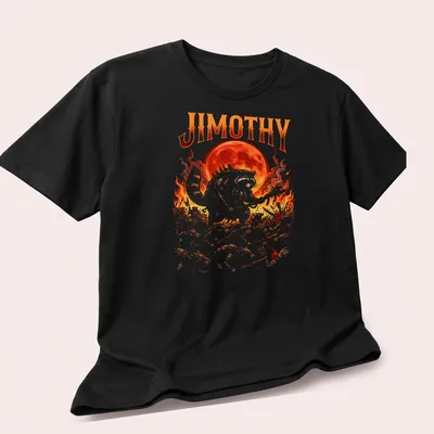 Comic-style print of a raccoon named Jimothy leading an army of rats in red, orange, black, and white. — printed on a unisex t-shirt (angled view)