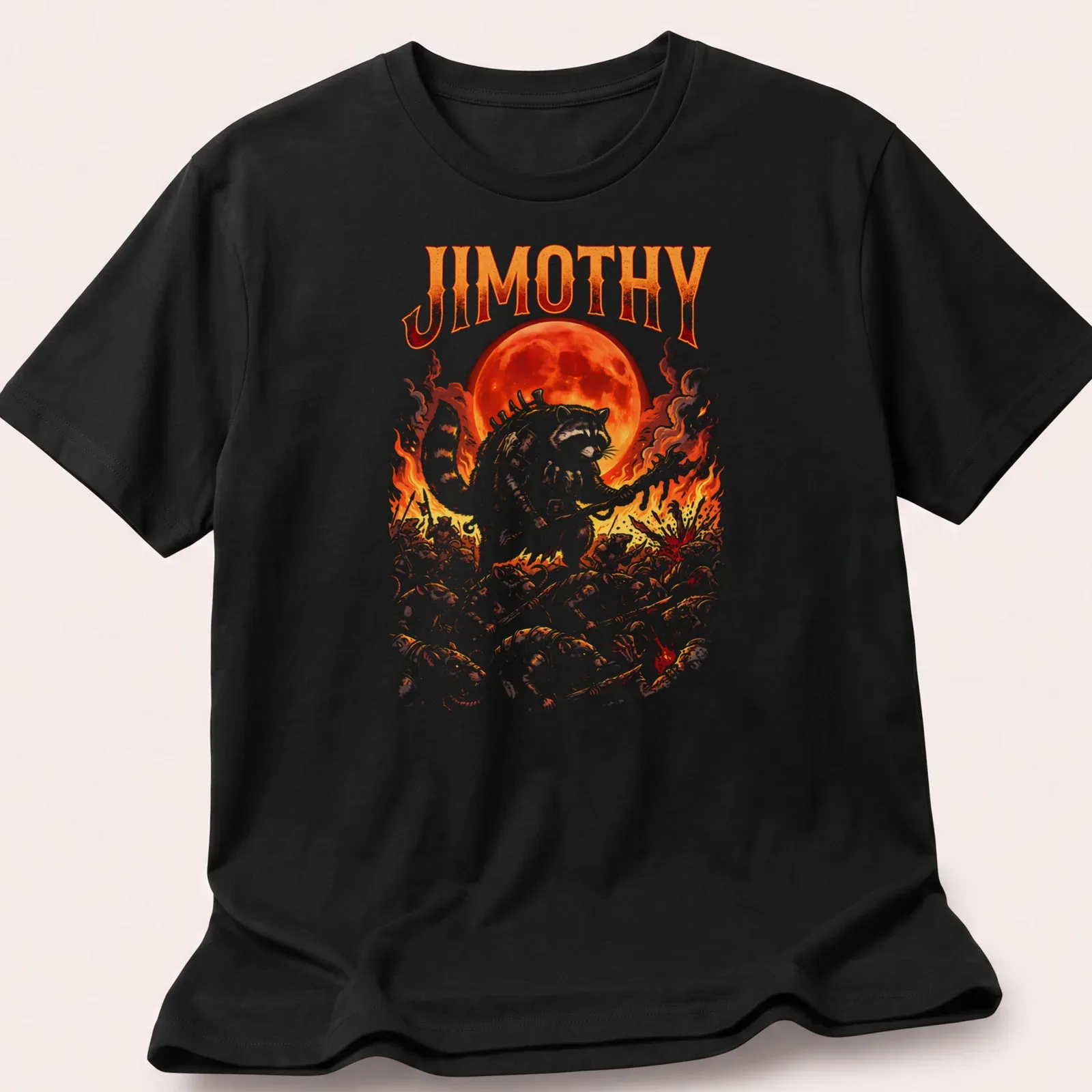 Comic-style print of a raccoon named Jimothy leading an army of rats in red, orange, black, and white. — printed on a unisex t-shirt