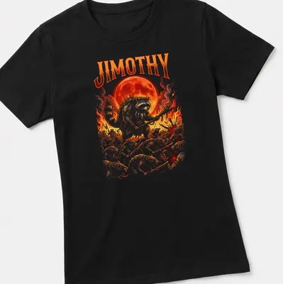 Comic-style print of a raccoon named Jimothy leading an army of rats in red, orange, black, and white. — printed on a women's shirt