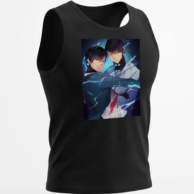 Anime-style drawing of two male characters in blue, black, white, and purple — printed on a tank top