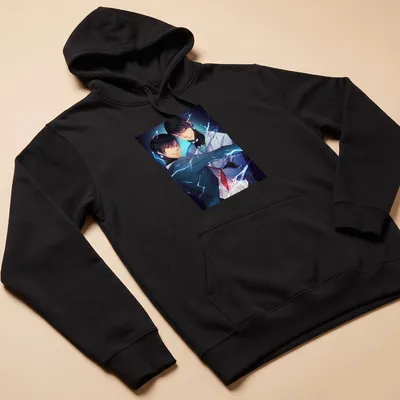 Anime-style drawing of two male characters in blue, black, white, and purple — printed on a unisex hoodie