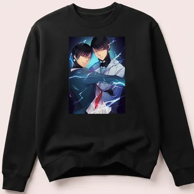 Anime-style drawing of two male characters in blue, black, white, and purple — printed on a unisex sweatshirt