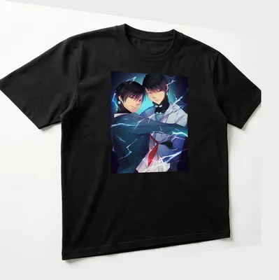 Anime-style drawing of two male characters in blue, black, white, and purple — printed on a unisex t-shirt (angled view)