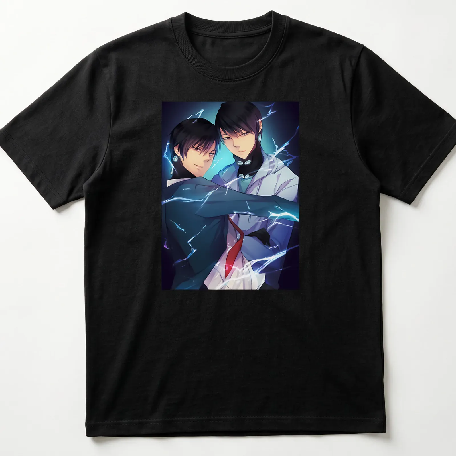 Anime-style drawing of two male characters in blue, black, white, and purple — printed on a unisex t-shirt
