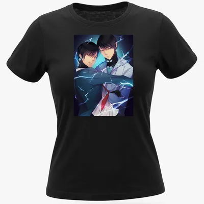 Anime-style drawing of two male characters in blue, black, white, and purple — printed on a women's shirt