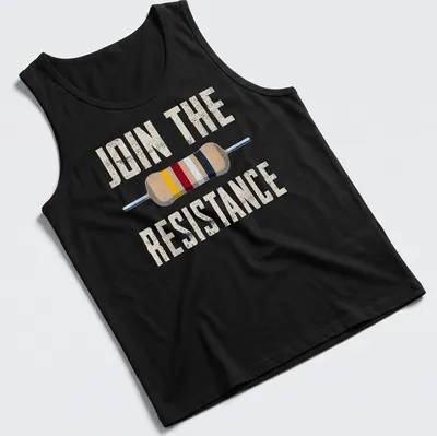 Vintage distressed Join The Resistance t-shirt with an electrical resistor graphic — printed on a tank top