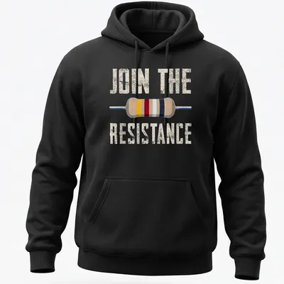 Vintage distressed Join The Resistance t-shirt with an electrical resistor graphic — printed on a unisex hoodie