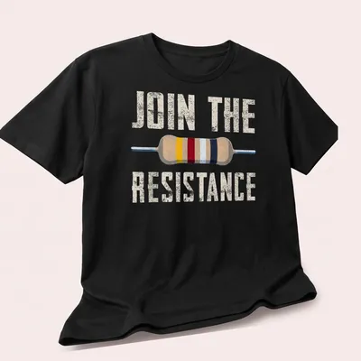 Vintage distressed Join The Resistance t-shirt with an electrical resistor graphic — printed on a unisex t-shirt (angled view)