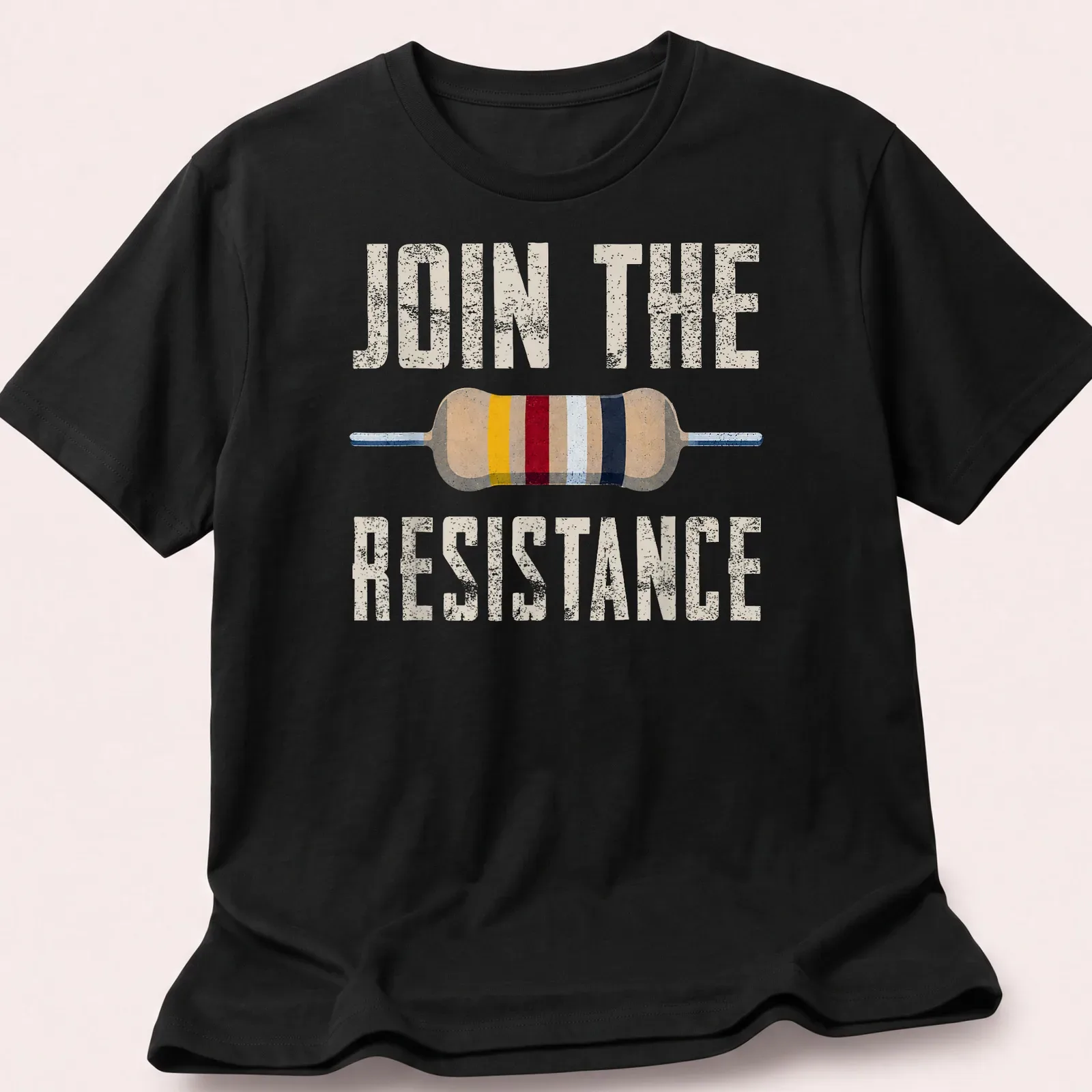 Vintage distressed Join The Resistance t-shirt with an electrical resistor graphic — printed on a unisex t-shirt