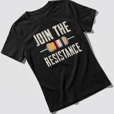 Vintage distressed Join The Resistance t-shirt with an electrical resistor graphic — printed on a women's shirt