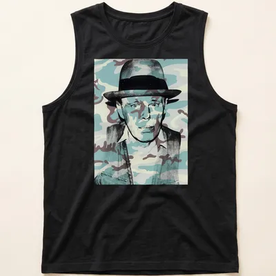 Pop art t-shirt featuring a portrait of Joseph Beuys with camouflage patterns — printed on a tank top