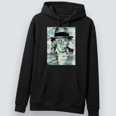 Pop art t-shirt featuring a portrait of Joseph Beuys with camouflage patterns — printed on a unisex hoodie