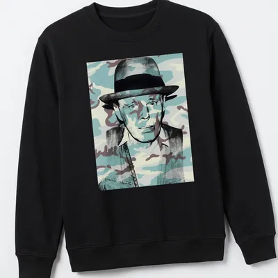 Pop art t-shirt featuring a portrait of Joseph Beuys with camouflage patterns — printed on a unisex sweatshirt