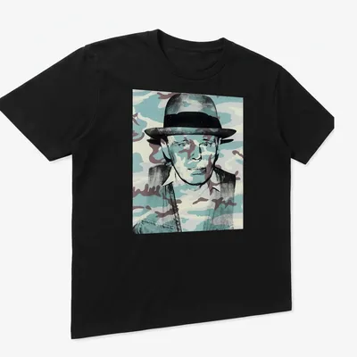 Pop art t-shirt featuring a portrait of Joseph Beuys with camouflage patterns — printed on a unisex t-shirt (angled view)