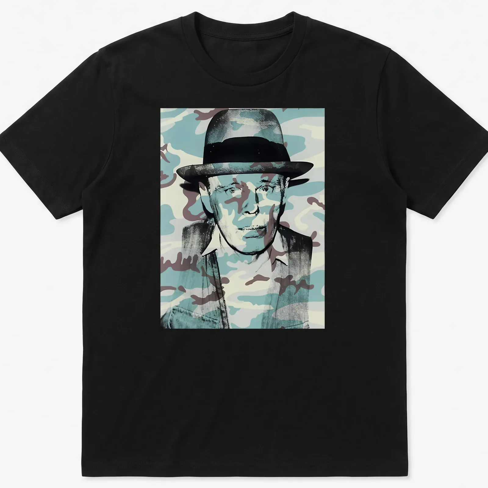 Pop art t-shirt featuring a portrait of Joseph Beuys with camouflage patterns — printed on a unisex t-shirt