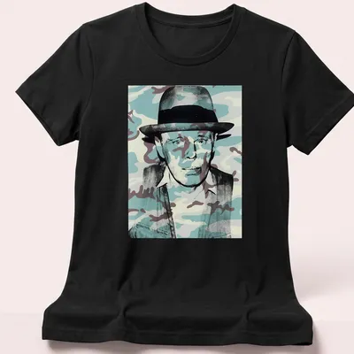 Pop art t-shirt featuring a portrait of Joseph Beuys with camouflage patterns — printed on a women's shirt