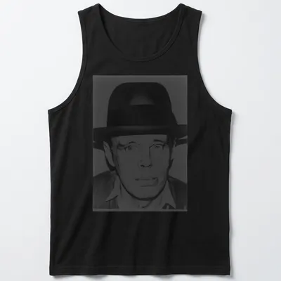 Black and white illustration of Joseph Beuys by Andy Warhol — printed on a tank top