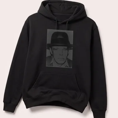 Black and white illustration of Joseph Beuys by Andy Warhol — printed on a unisex hoodie