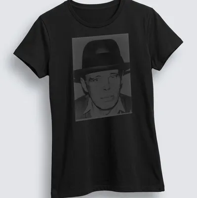 Black and white illustration of Joseph Beuys by Andy Warhol — printed on a women's shirt