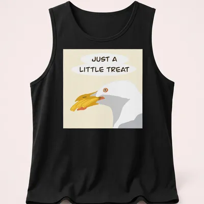 Illustrated gull with the phrase Just A Little Treat in cheerful colors — printed on a tank top