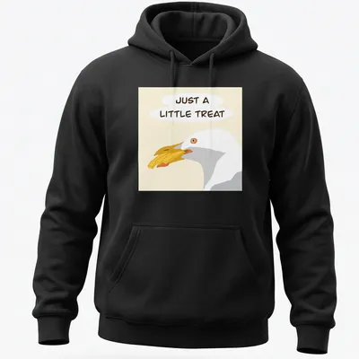 Illustrated gull with the phrase Just A Little Treat in cheerful colors — printed on a unisex hoodie