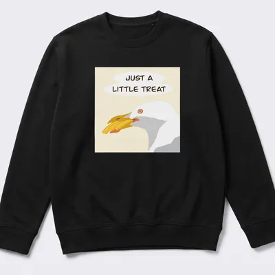 Illustrated gull with the phrase Just A Little Treat in cheerful colors — printed on a unisex sweatshirt