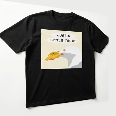 Illustrated gull with the phrase Just A Little Treat in cheerful colors — printed on a unisex t-shirt (angled view)