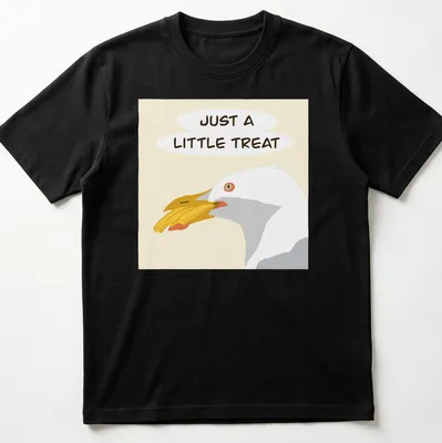Illustrated gull with the phrase Just A Little Treat in cheerful colors — printed on a unisex t-shirt
