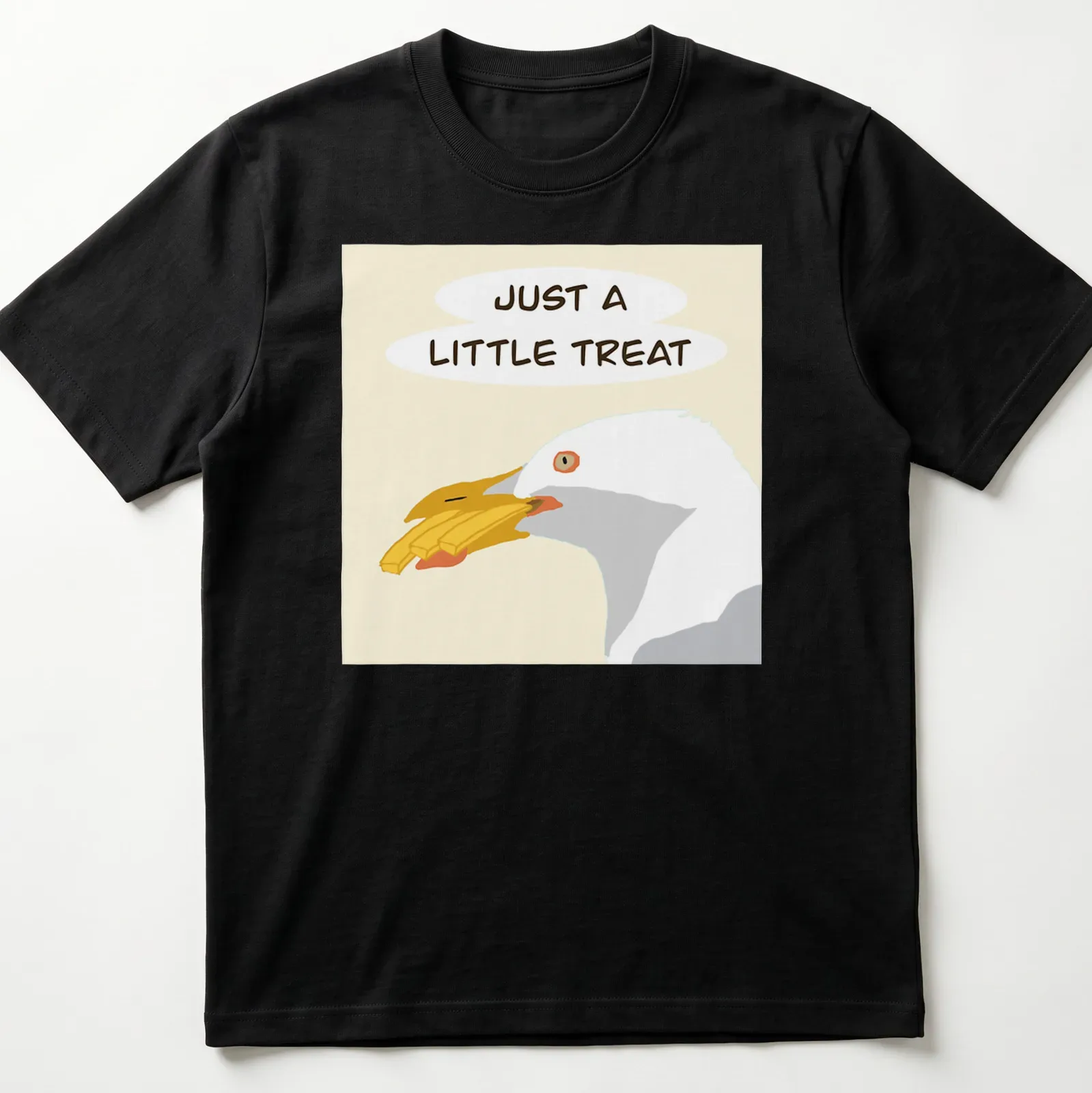 Illustrated gull with the phrase Just A Little Treat in cheerful colors — printed on a unisex t-shirt