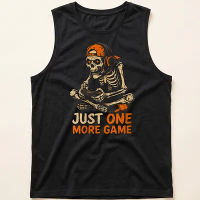 Cartoon skeleton playing video games with the text 'JUST ONE MORE GAME' in fun lettering. — printed on a tank top
