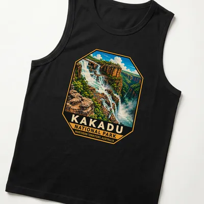 Vintage illustration of Kakadu National Park with waterfalls and cliffs — printed on a tank top