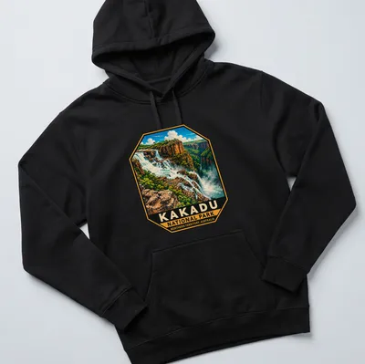 Vintage illustration of Kakadu National Park with waterfalls and cliffs — printed on a unisex hoodie