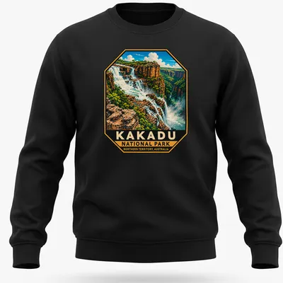 Vintage illustration of Kakadu National Park with waterfalls and cliffs — printed on a unisex sweatshirt