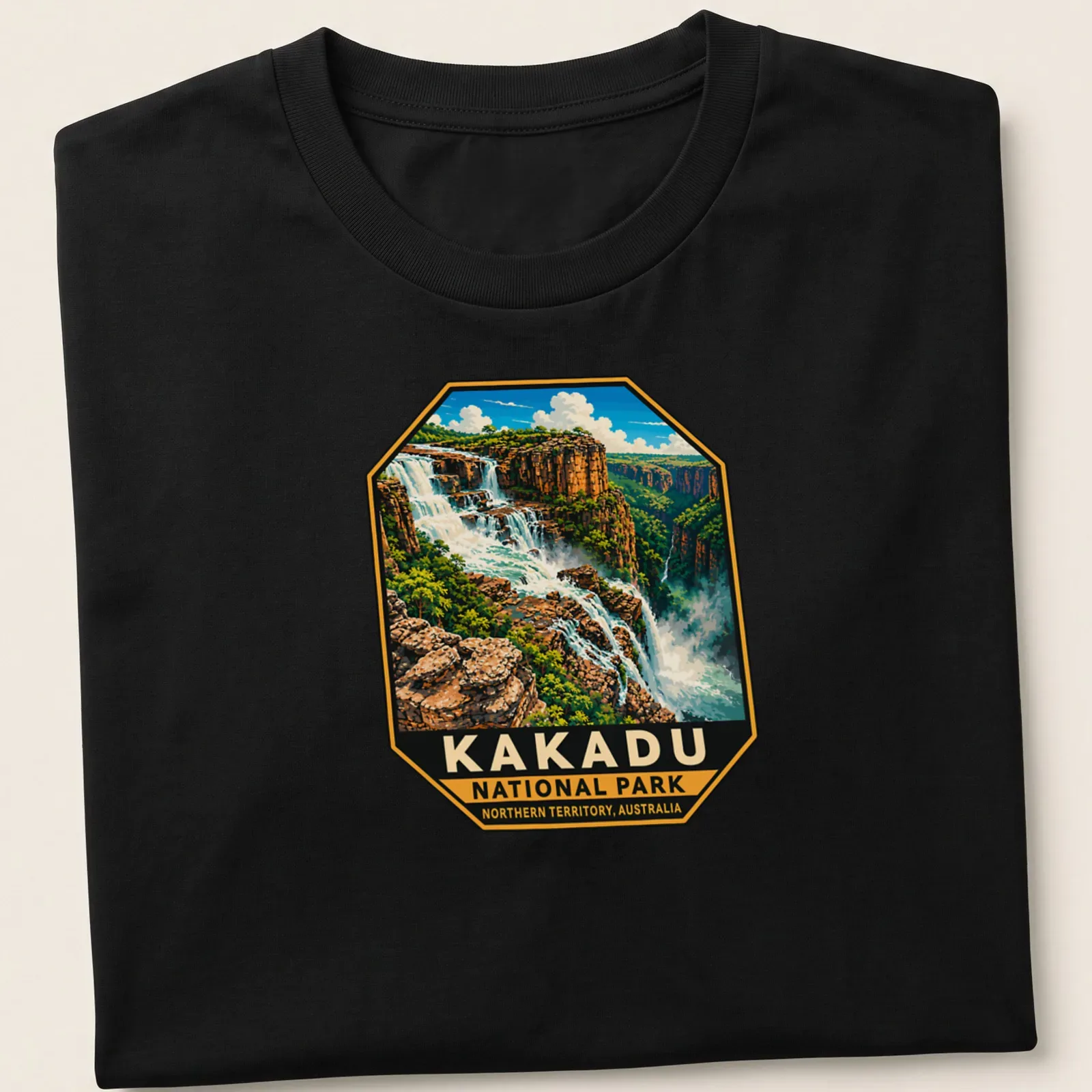 Vintage illustration of Kakadu National Park with waterfalls and cliffs — printed on a unisex t-shirt