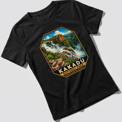 Vintage illustration of Kakadu National Park with waterfalls and cliffs — printed on a women's shirt