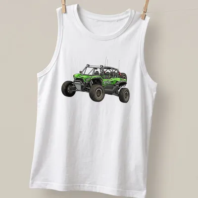Detailed illustration of a Kawasaki KRX 1000 UTV with racing text in green and black — printed on a tank top