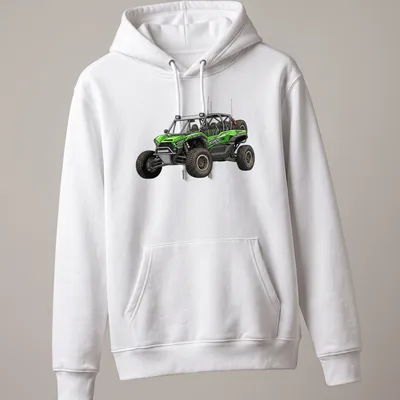 Detailed illustration of a Kawasaki KRX 1000 UTV with racing text in green and black — printed on a unisex hoodie