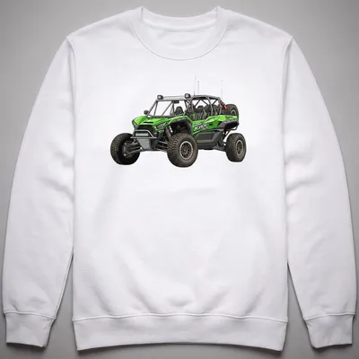 Detailed illustration of a Kawasaki KRX 1000 UTV with racing text in green and black — printed on a unisex sweatshirt