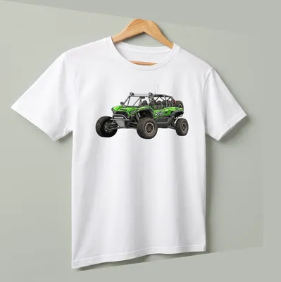Detailed illustration of a Kawasaki KRX 1000 UTV with racing text in green and black — printed on a unisex t-shirt (angled view)