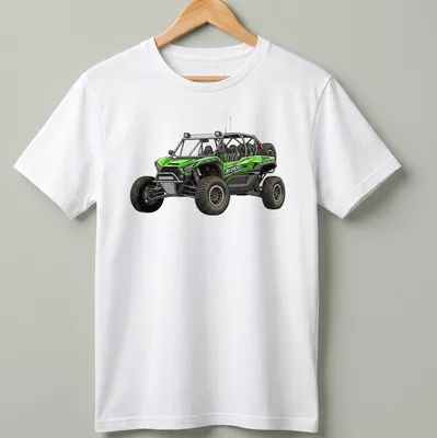 Detailed illustration of a Kawasaki KRX 1000 UTV with racing text in green and black — printed on a unisex t-shirt